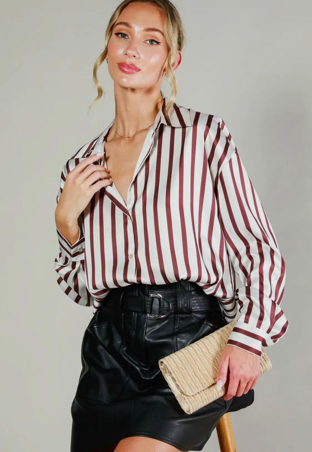 Maroon Stripe Button Up Top