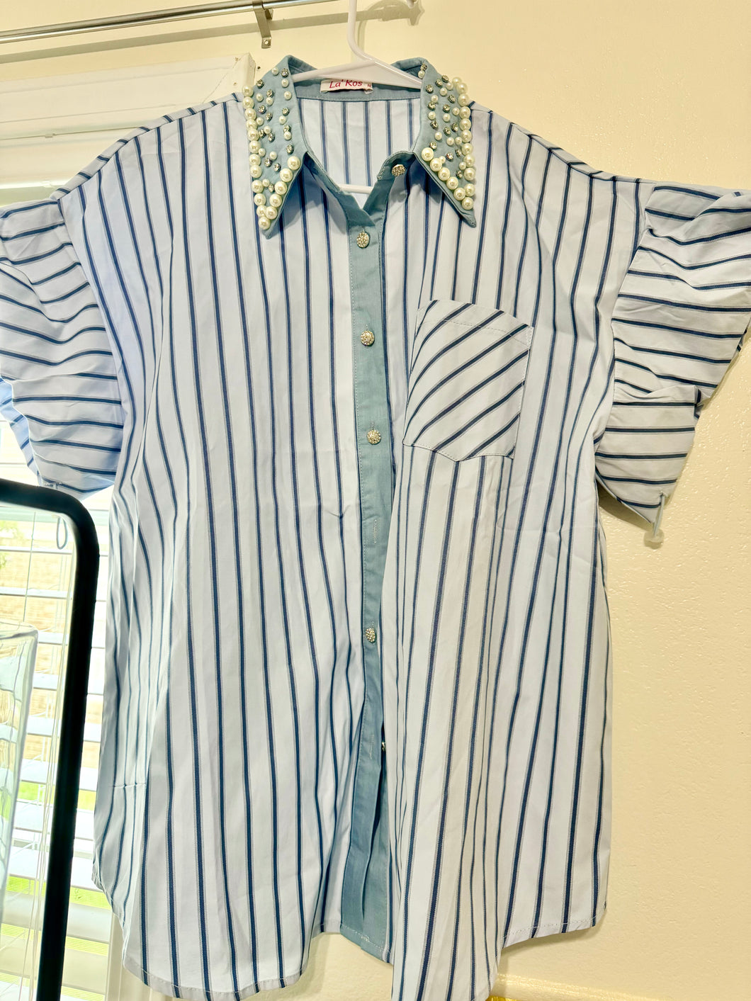 Blue Button Down Pearl Top