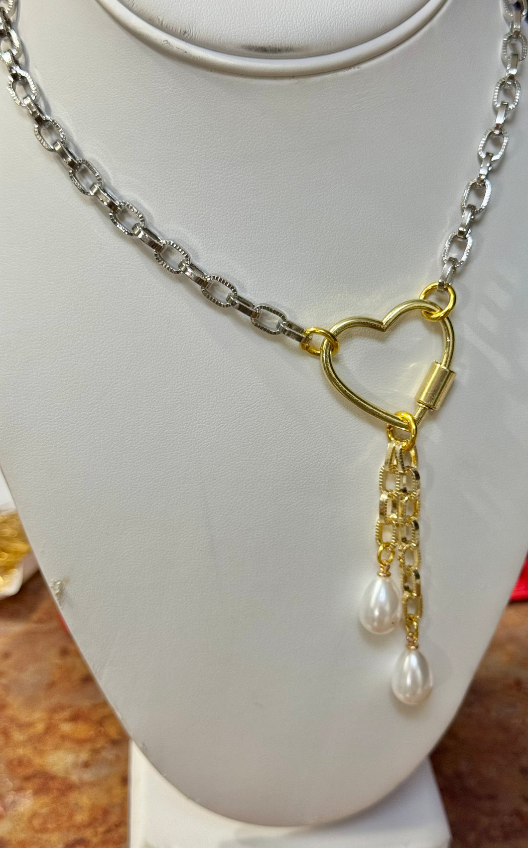 Mixed Metal Heart Carabiner Necklace